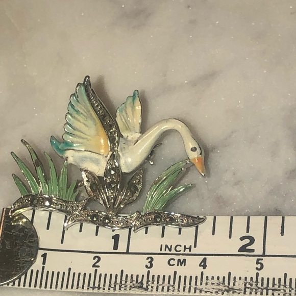 VTG Alice Caviness Marcasite Painted Swan Cygnet Brooch Silver Tone Metal 1.5” - Picture 4 of 4